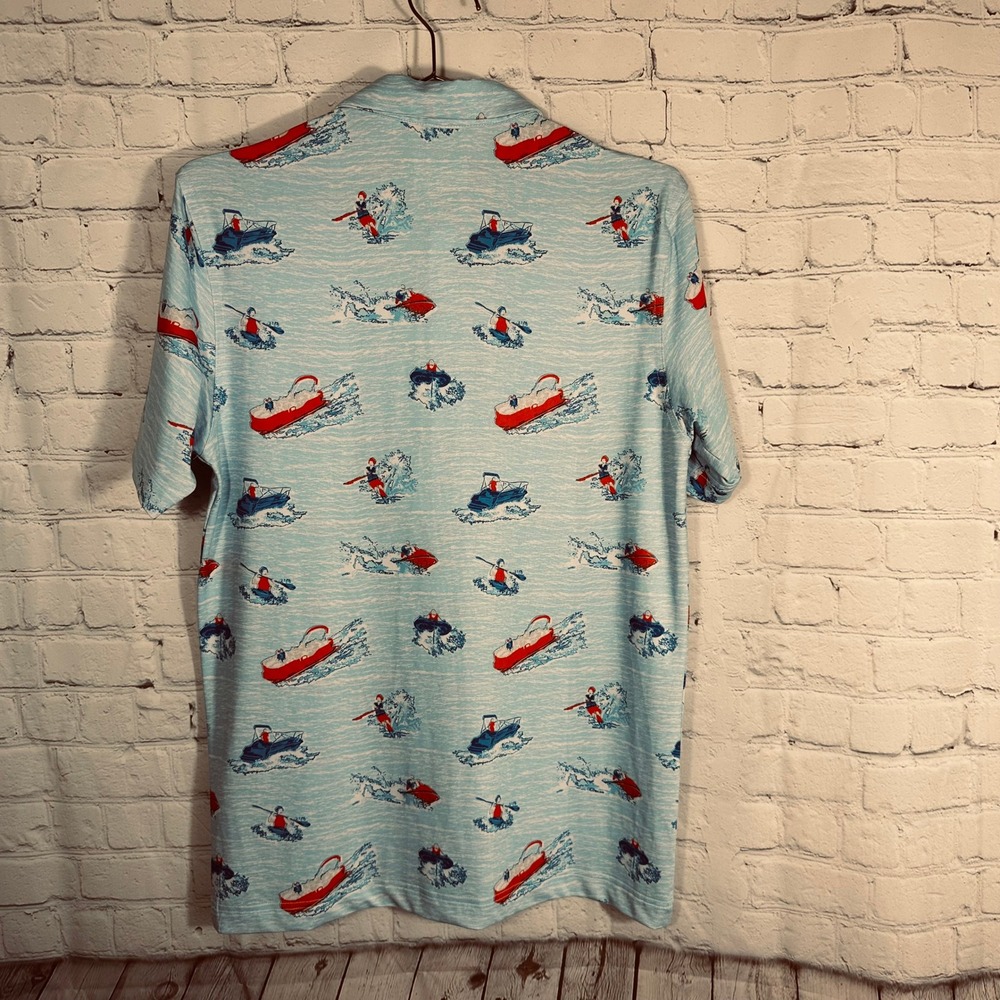 NEW Waggle Golf Polo Shirt Mens Small Blue Water Sports Jet Ski Boat Print NWT - Picture 5 of 8